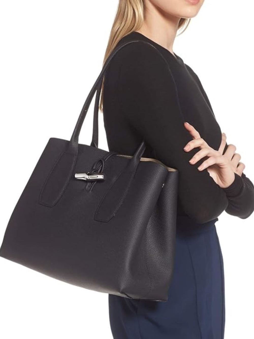 Longchamp Black Leather Roseau Tote with Silver Turn-Lock